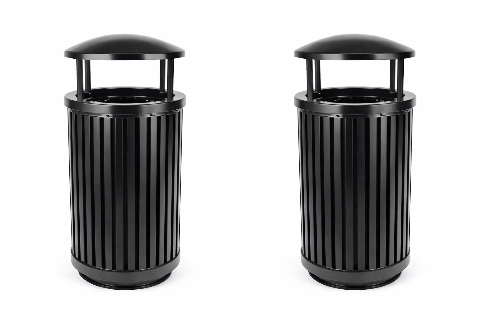 slatted steel trash can
